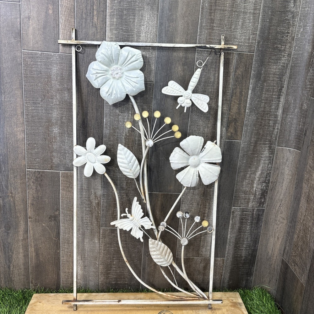 Rustic White Metal Floral Wall Art Butterfly Dragonfly Garden Farmhouse Decor